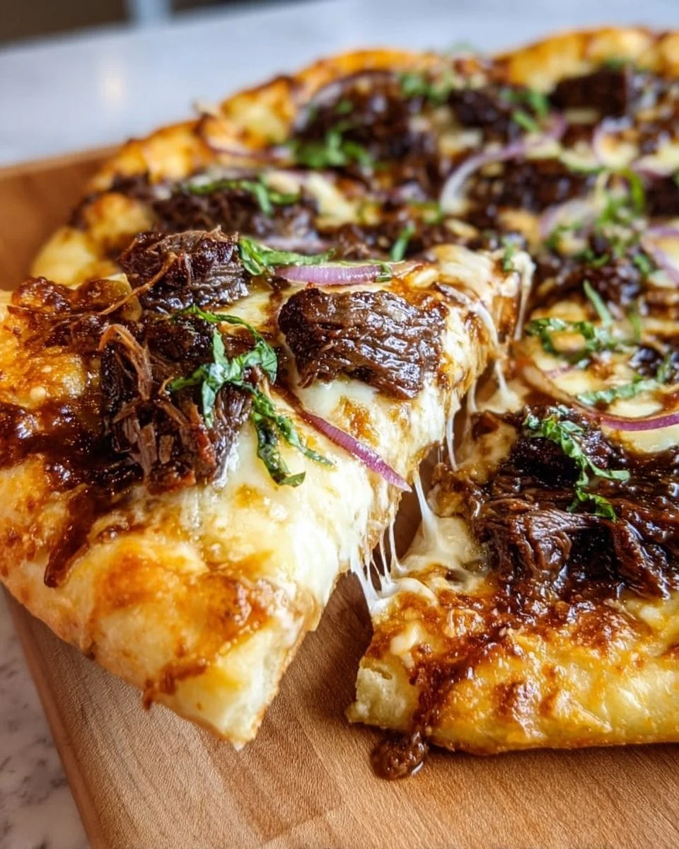 Short rib pizza topped with smoked gouda cream sauce on a wooden pizza board.