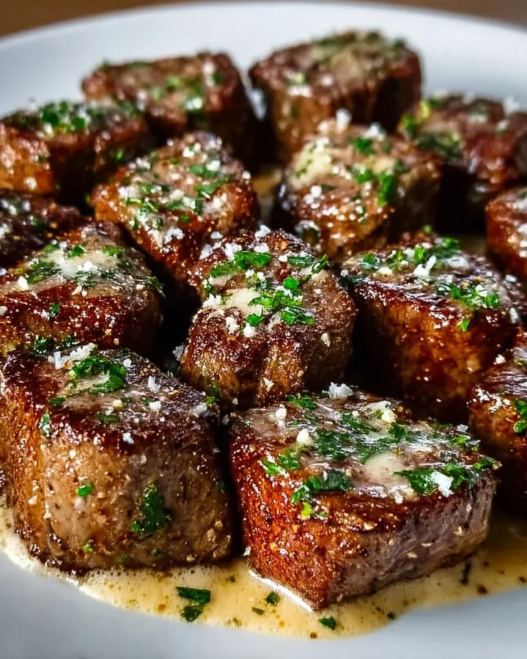Delicious steak bites topped with garlic butter and creamy Parmesan sauce