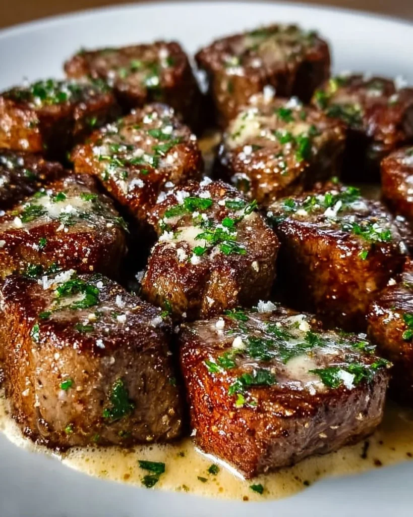 Delicious steak bites topped with garlic butter and creamy Parmesan sauce