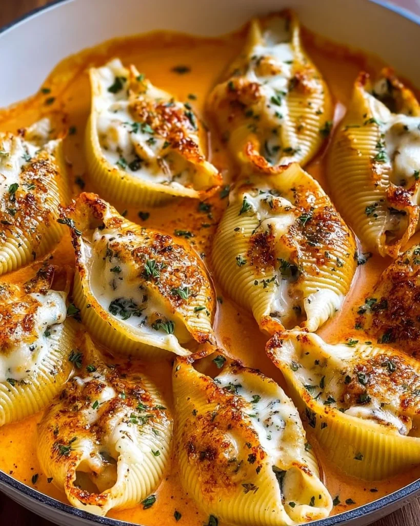 Delicious stuffed shells topped with a rich pumpkin cream sauce