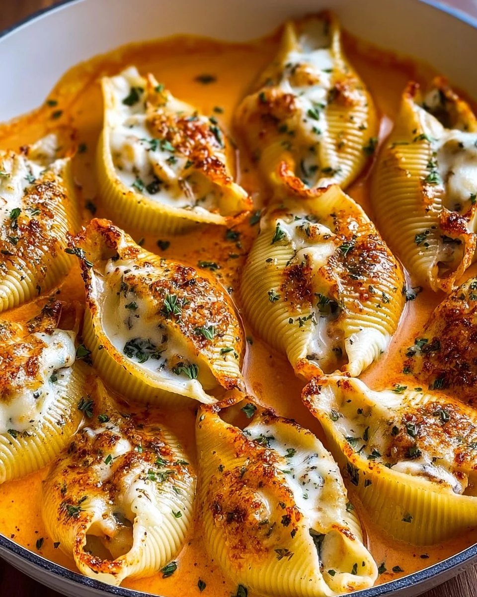 Delicious stuffed shells topped with a rich pumpkin cream sauce