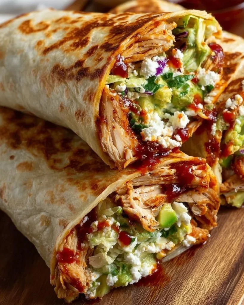 Summer BBQ chicken wraps with coleslaw served on a plate.