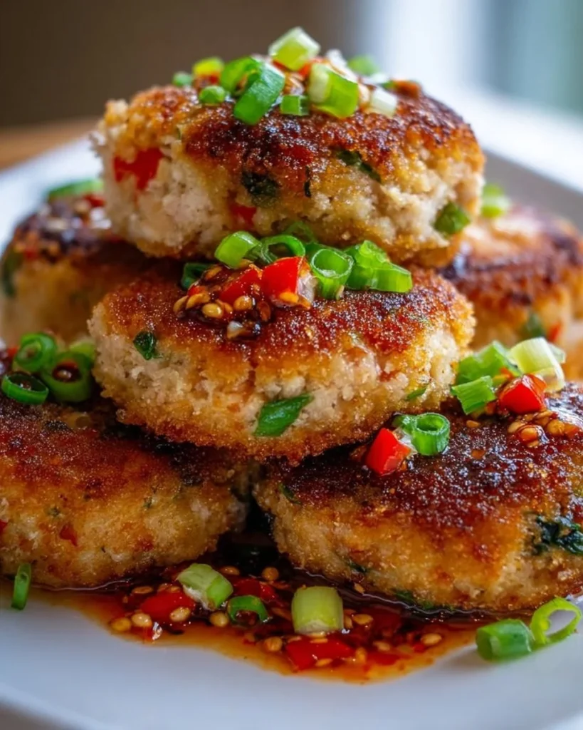 Crispy Asian-style tuna cakes served with spicy mayo on a plate