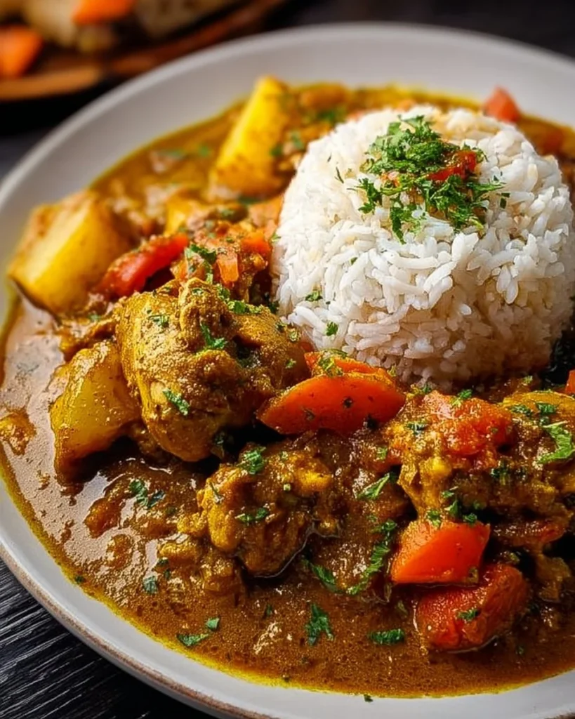 A delicious plate of authentic Jamaican curry chicken with vibrant spices and vegetables