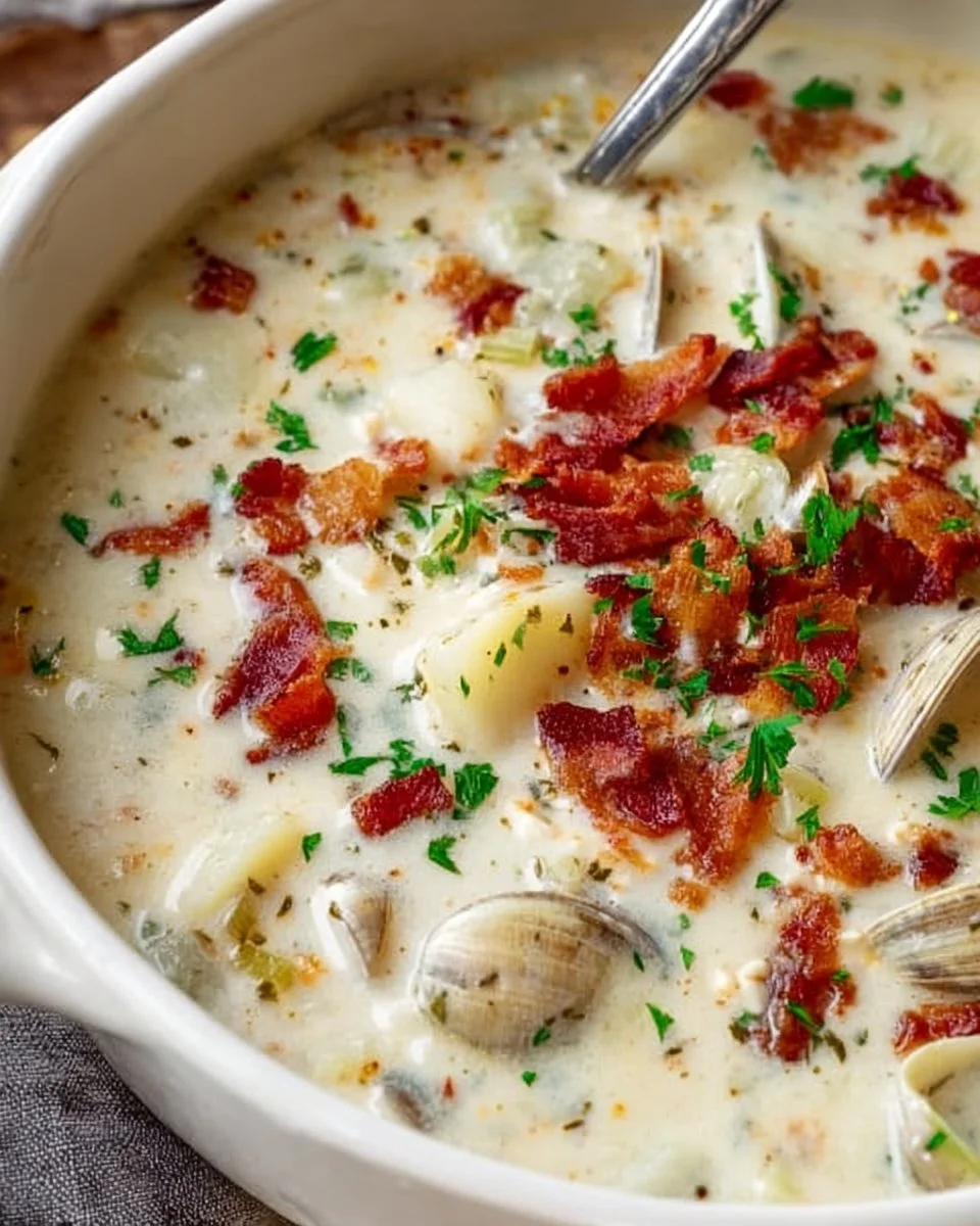 Bowl of authentic New England clam chowder topped with parsley and served with oyster crackers.