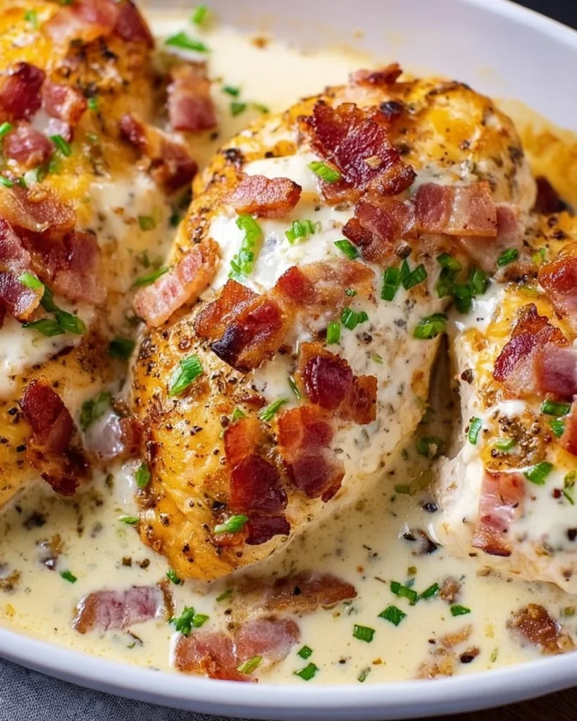 Delicious Bacon Ranch Chicken topped with crispy bacon and ranch dressing