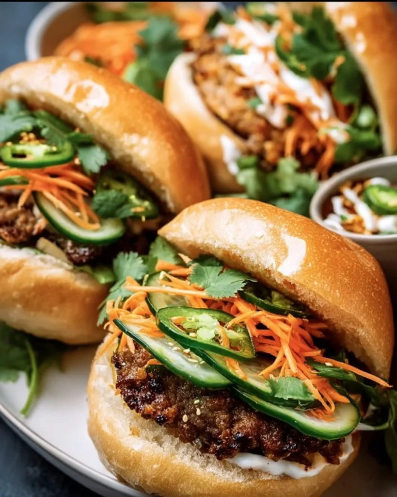 Delicious Banh Mi Burger with fresh vegetables and savory sauce