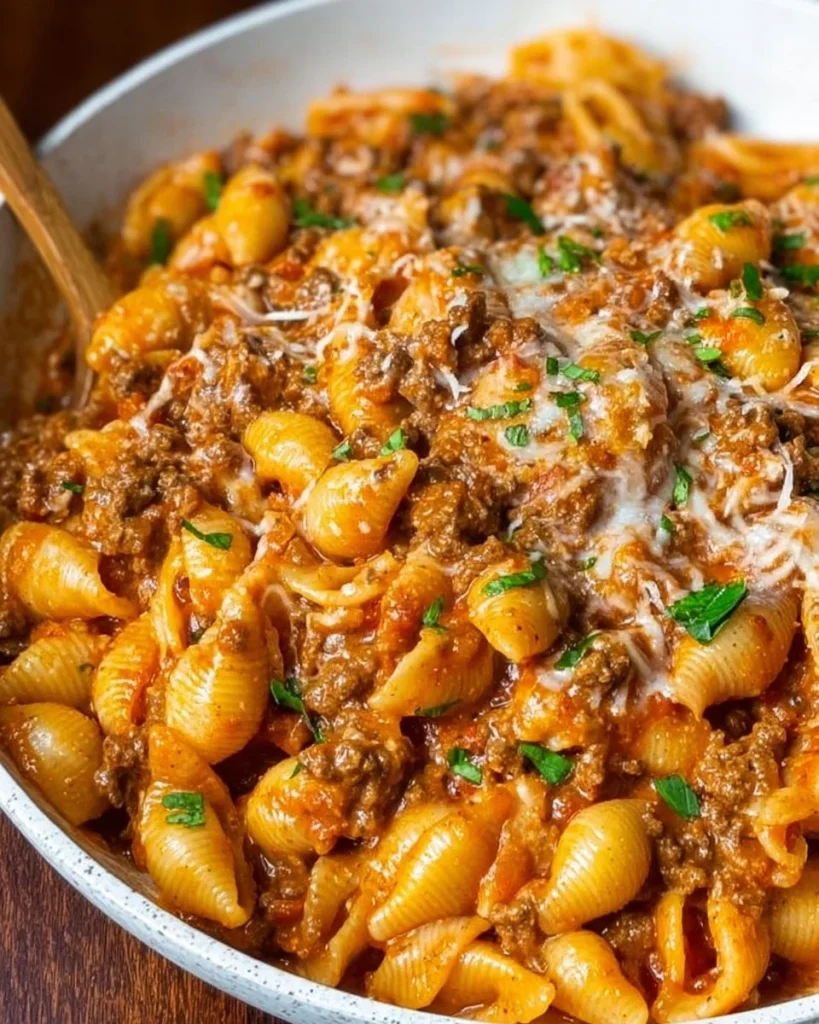A plate of Beef and Shells pasta with seasoned ground beef and shell pasta.