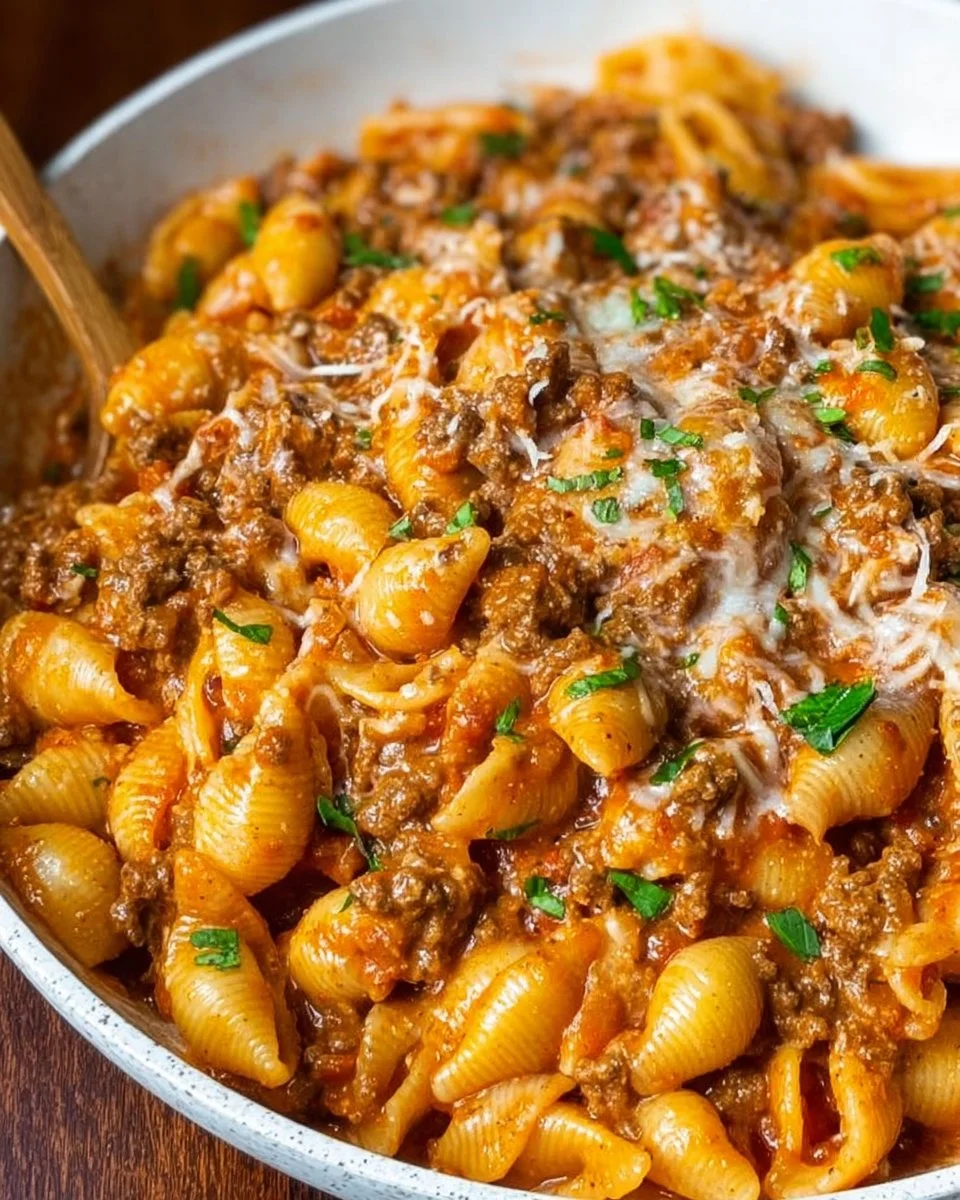 A plate of Beef and Shells pasta with seasoned ground beef and shell pasta.