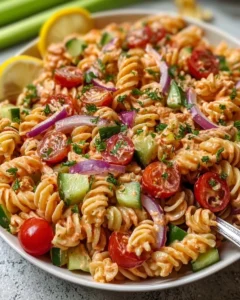 Colorful Bloody Mary Pasta Salad with fresh vegetables and dressing