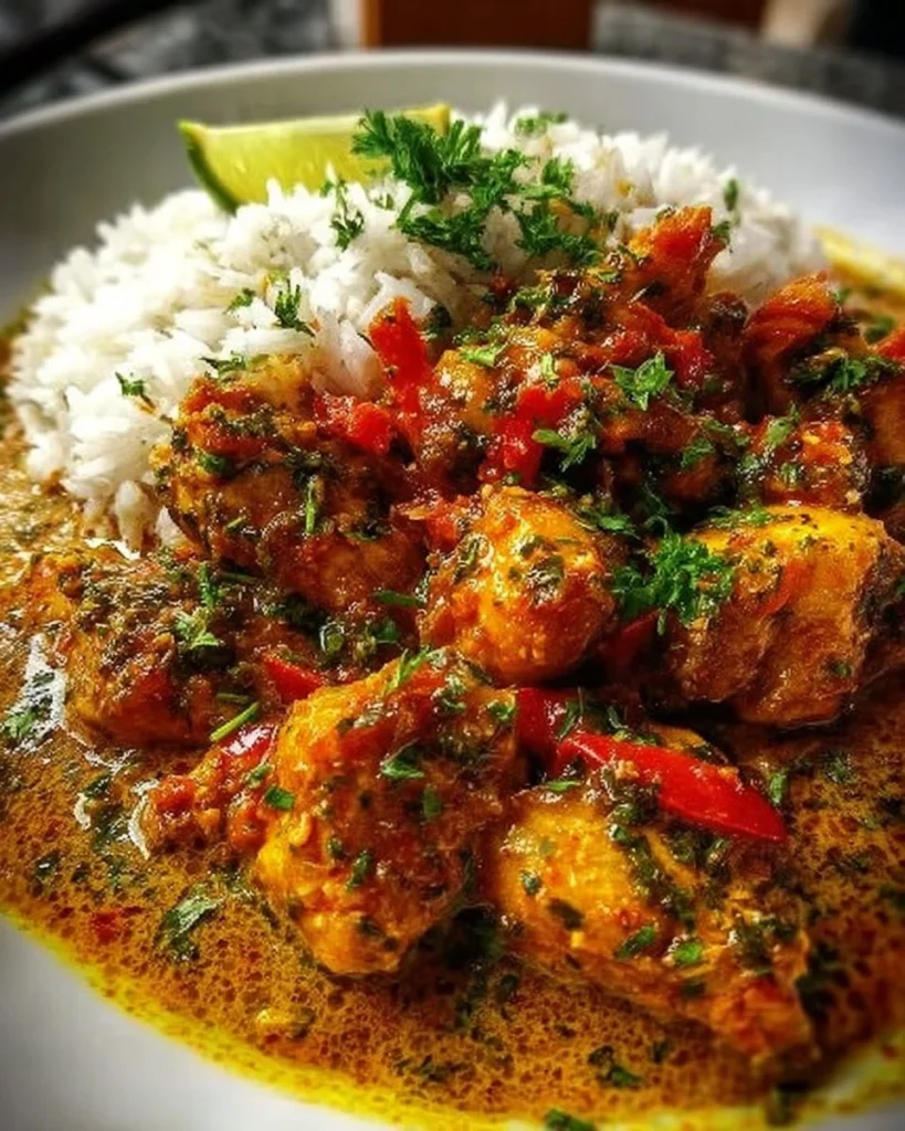 Delicious Brazilian Coconut Chicken served with rice and vegetables