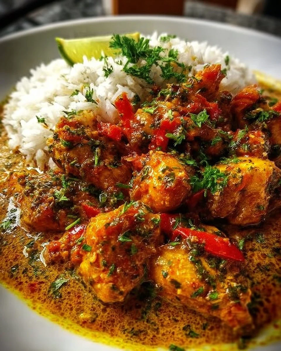 Delicious Brazilian Coconut Chicken served with rice and vegetables