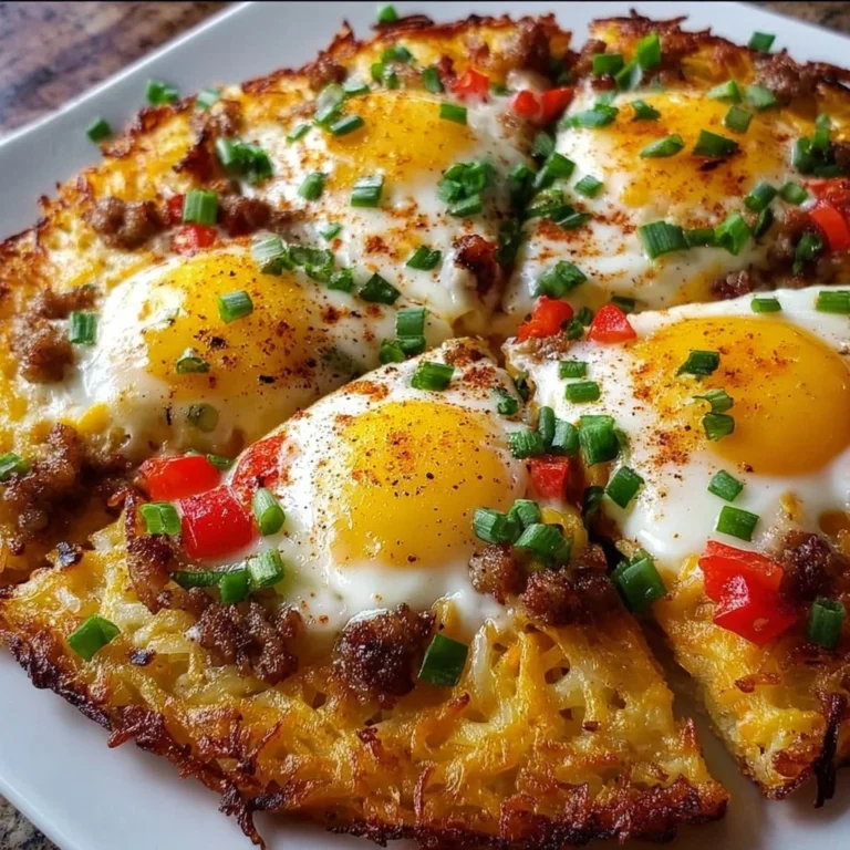 Delicious homemade breakfast pizza topped with eggs, cheese, and vegetables