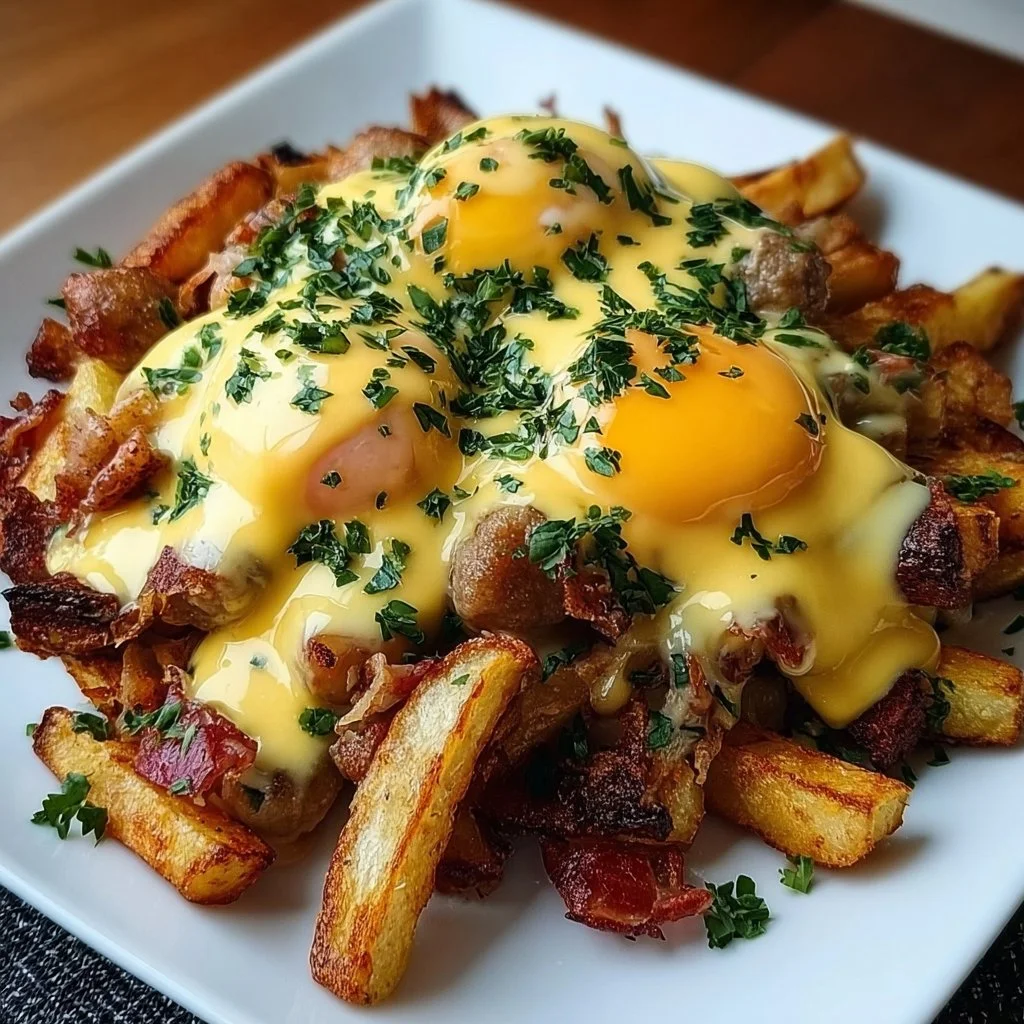Delicious breakfast poutine with eggs, gravy, and cheese curds