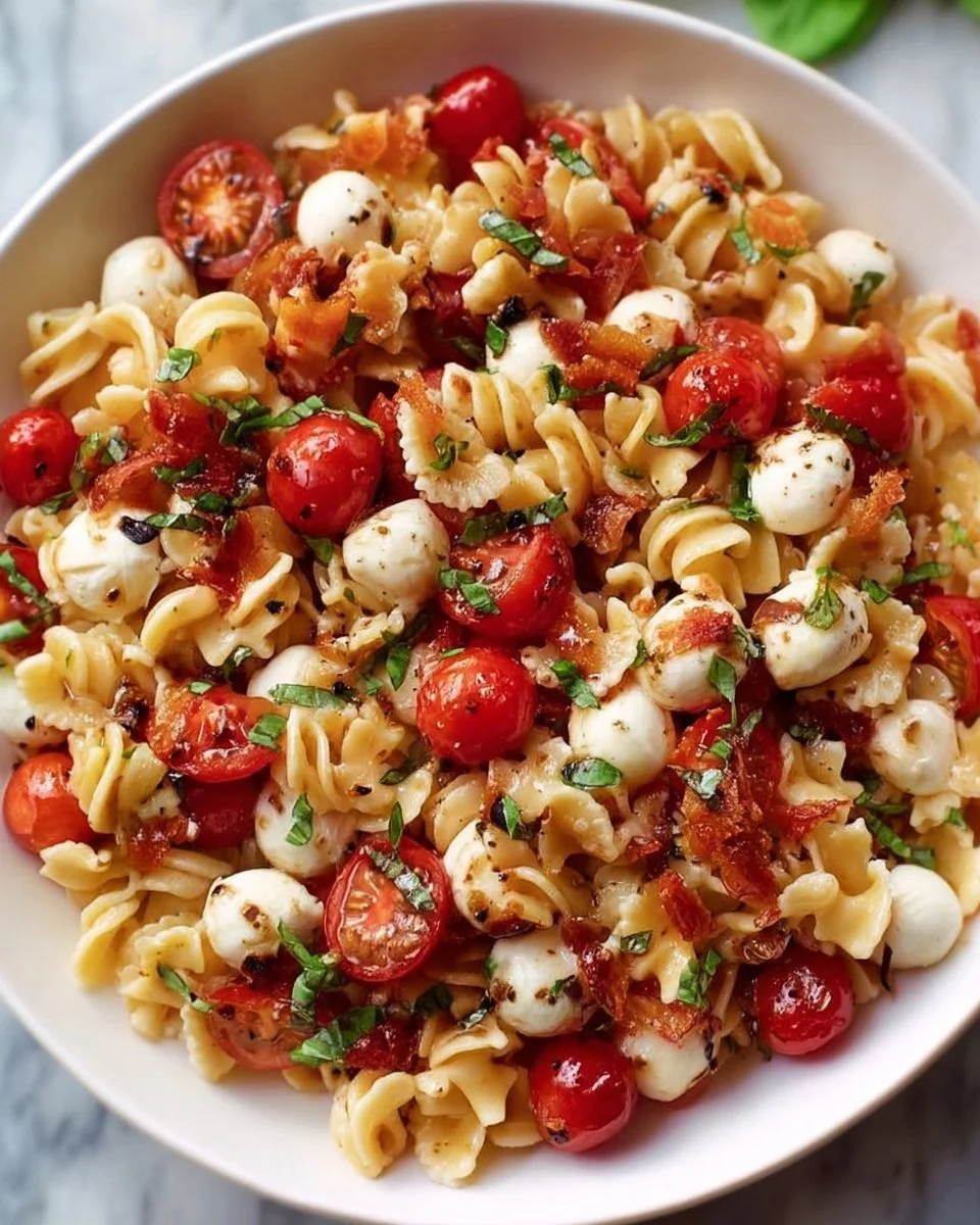 Colorful Bruschetta Pasta Salad with tomatoes and basil in a bowl