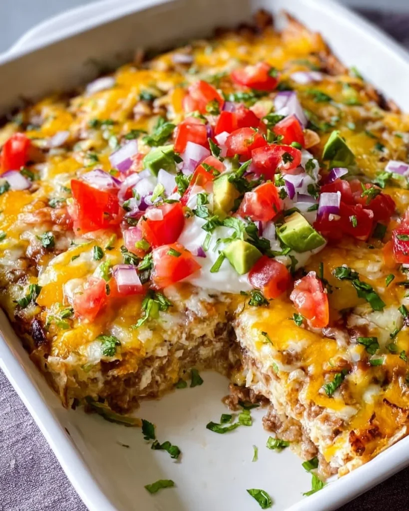 Hearty burrito casserole topped with cheese and garnished with fresh cilantro.
