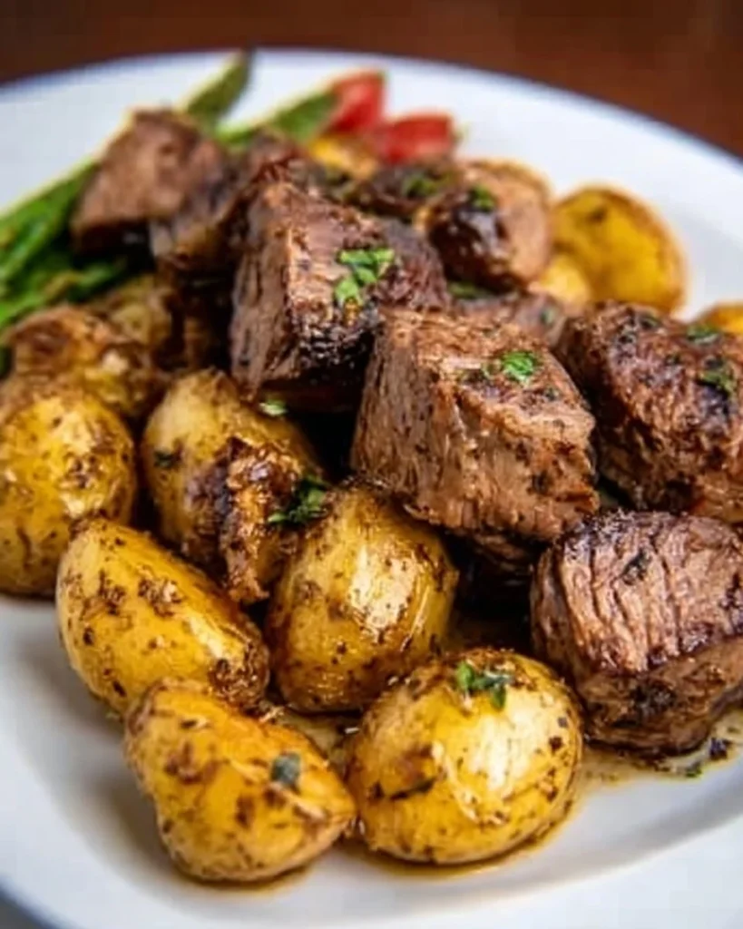 Butter steak bites with garlic herb potatoes served on a plate