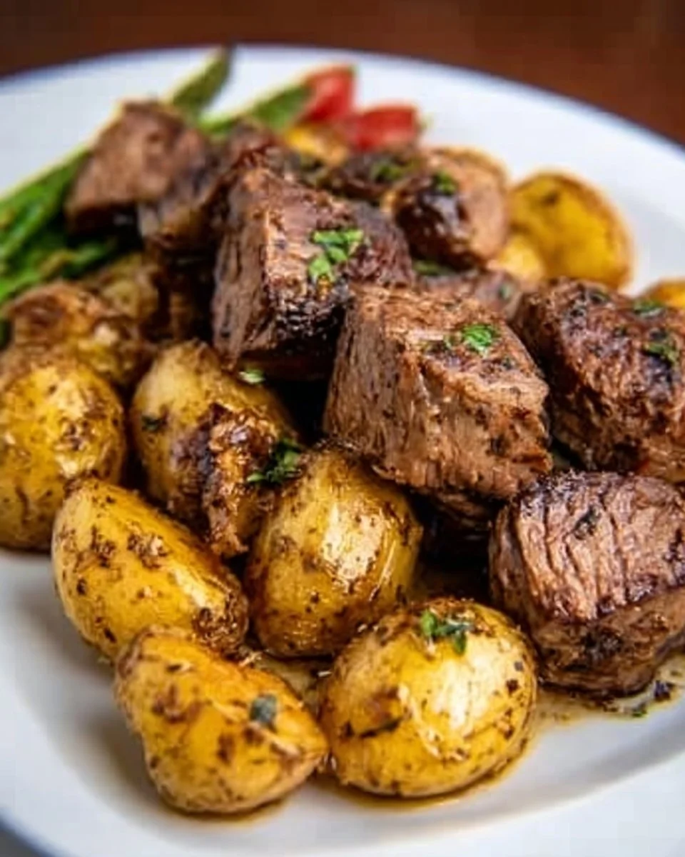 Butter steak bites with garlic herb potatoes served on a plate