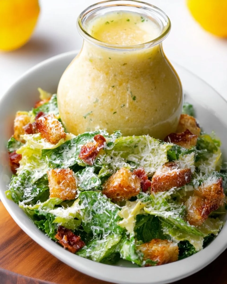 Homemade Caesar Salad dressing in a bowl with ingredients on the side.