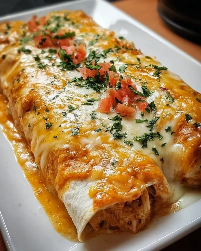 Cheese Chicken Enchiladas topped with cheese and garnished, served on a plate.