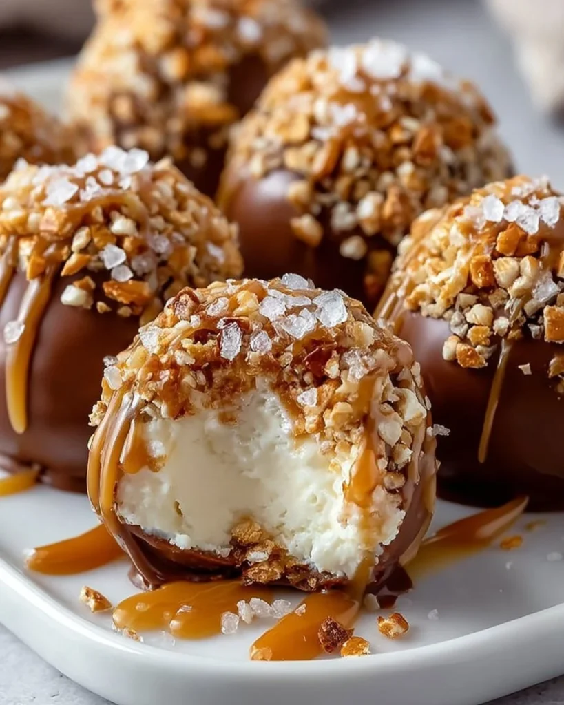 Cheesecake balls drizzled with salted caramel sauce.