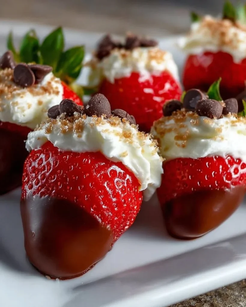 Cheesecake stuffed strawberries topped with whipped cream and chocolate drizzle