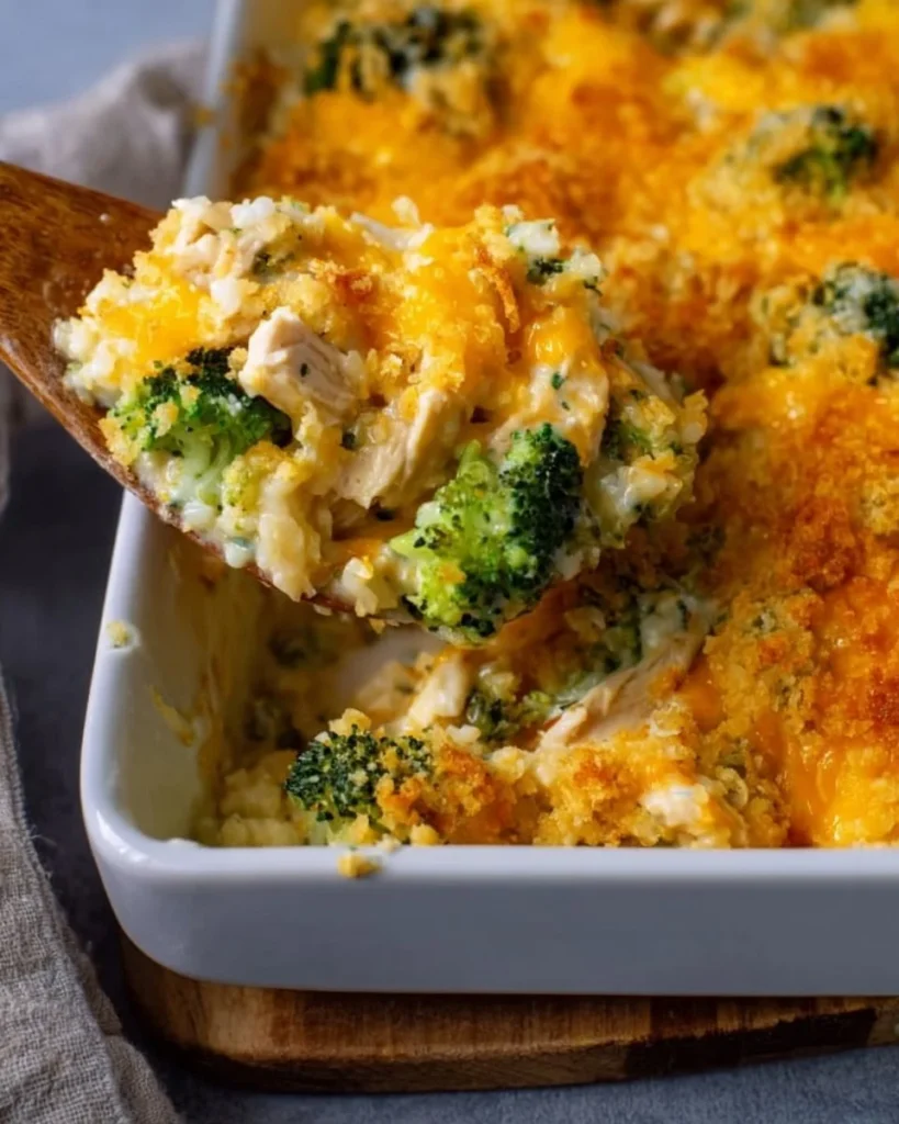 Delicious Chicken and Broccoli Rice Casserole served in a dish