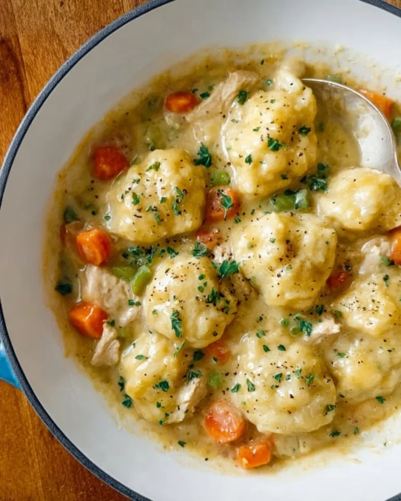 Bowl of homemade Chicken and Dumplings with tender chicken and fluffy dumplings