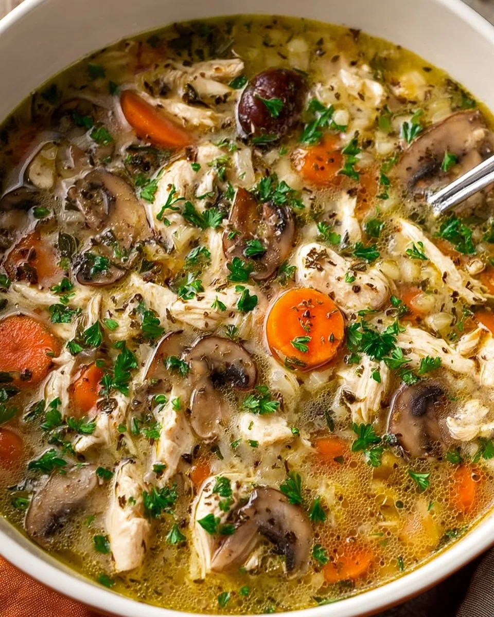 Bowl of hearty Chicken Mushroom Soup with fresh herbs and vegetables