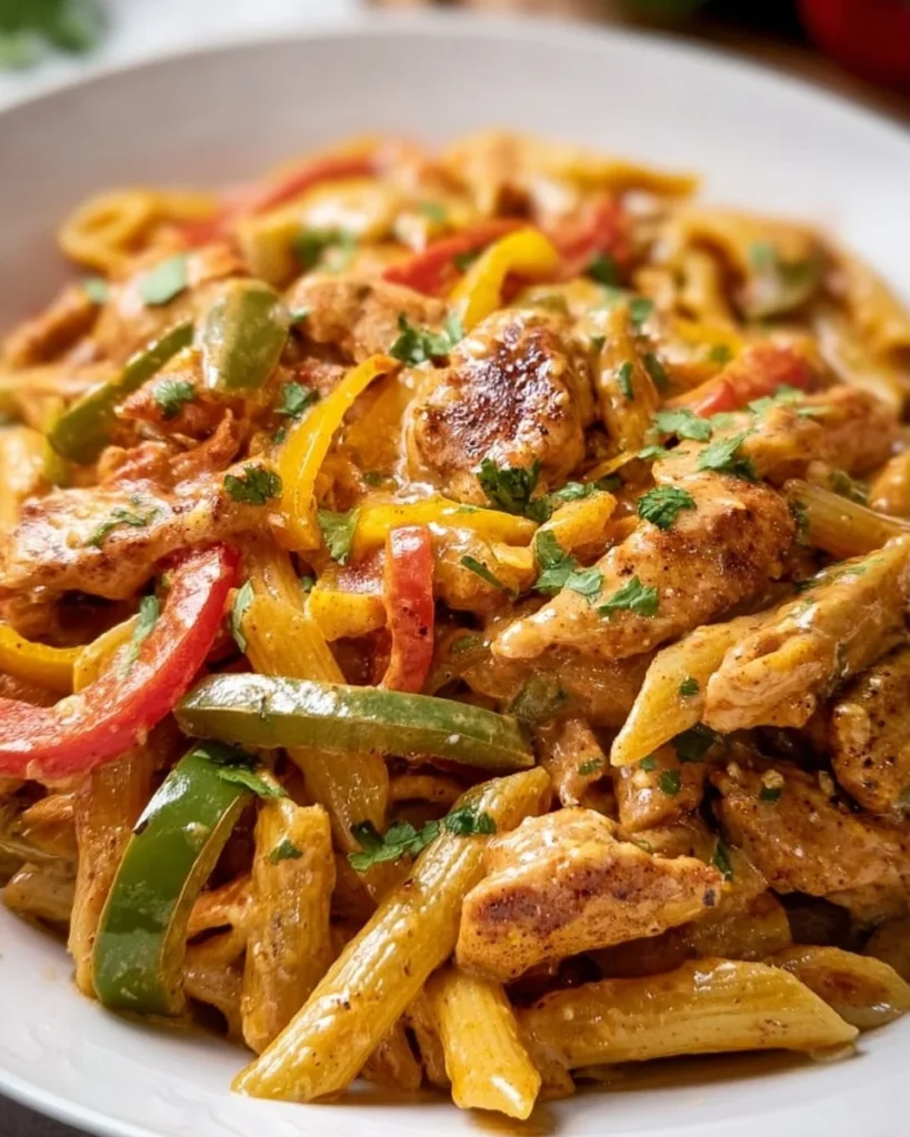 Delicious Chicken Fajita Pasta served with colorful bell peppers and spices