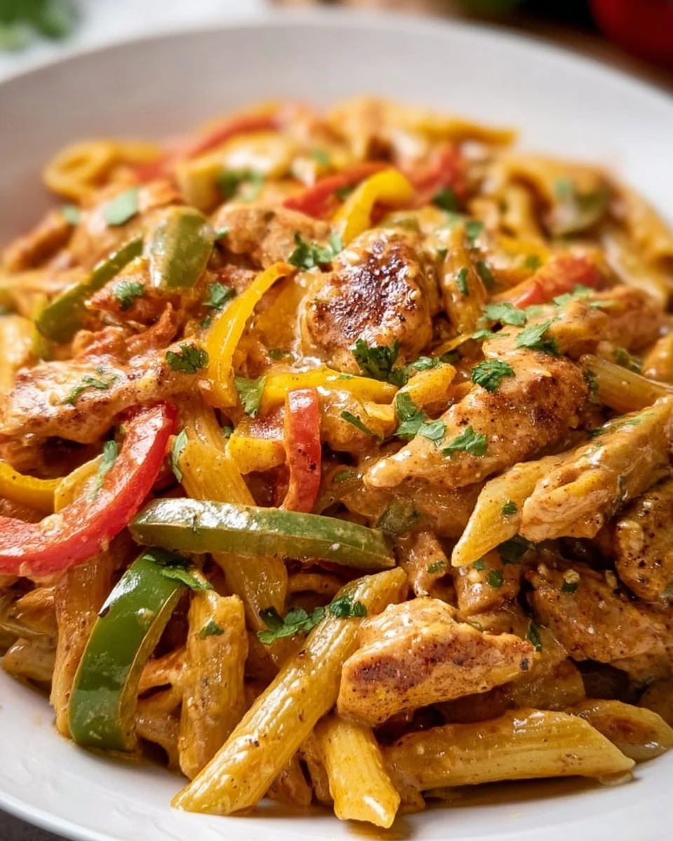 Delicious Chicken Fajita Pasta served with colorful bell peppers and spices
