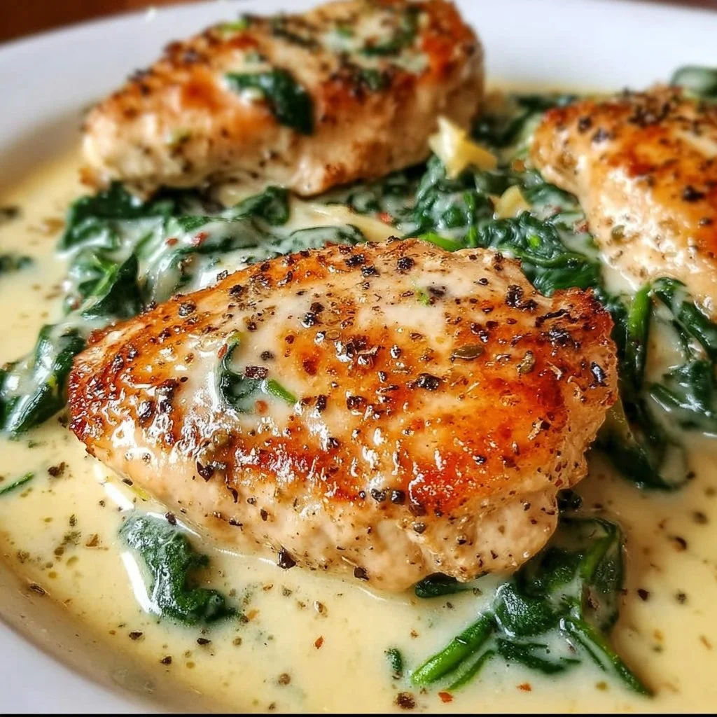 Delicious Chicken Florentine with spinach and creamy sauce served on a plate