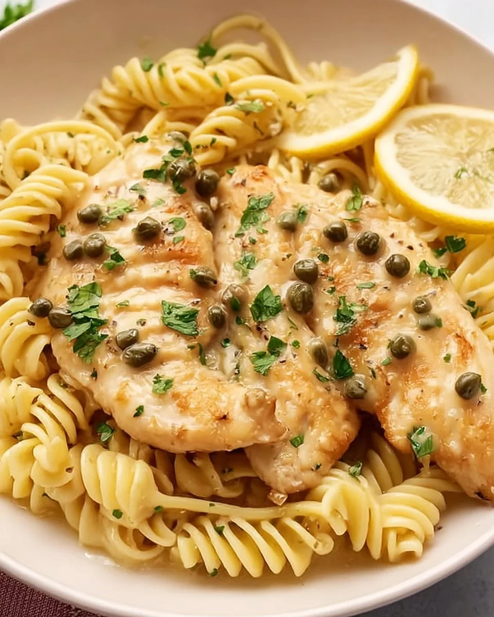 Delicious Chicken Piccata Pasta with tender chicken and lemon sauce