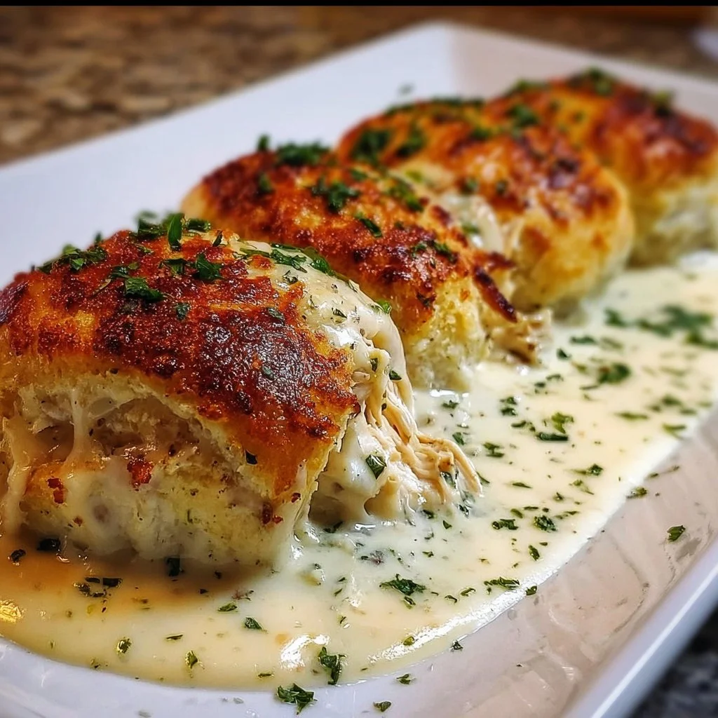 Delicious chicken pillows served with creamy parmesan sauce on a plate