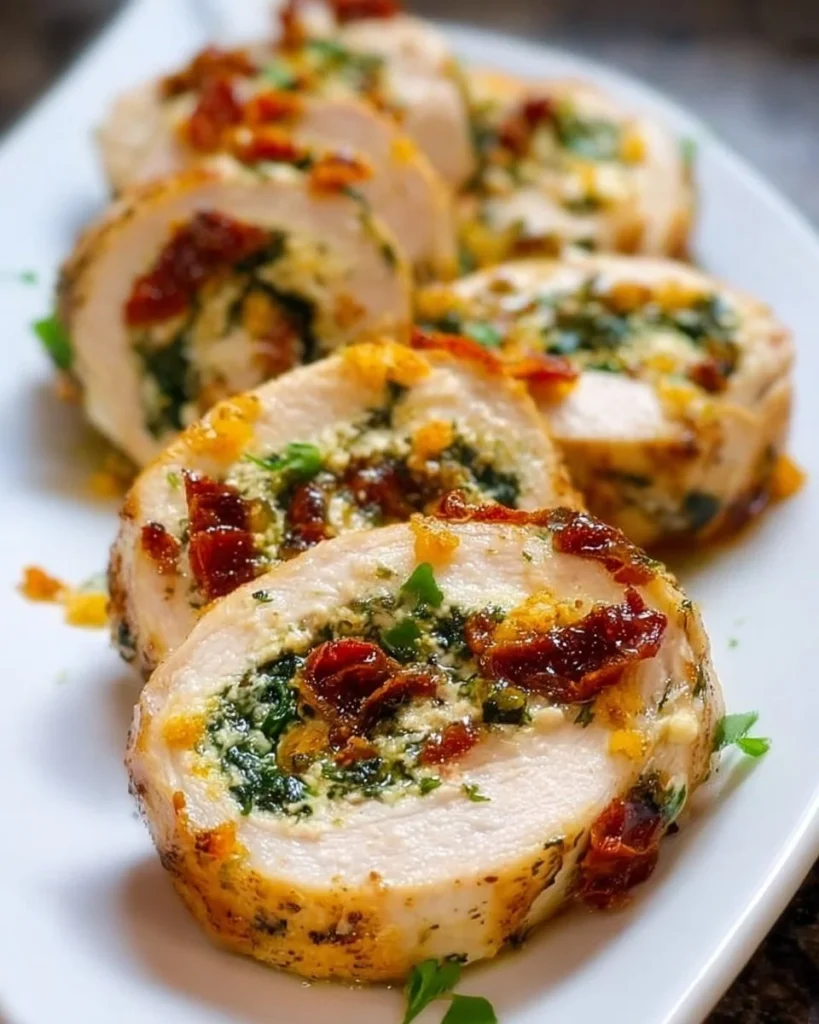 Beautifully plated Chicken Roulade with herbs and vegetables