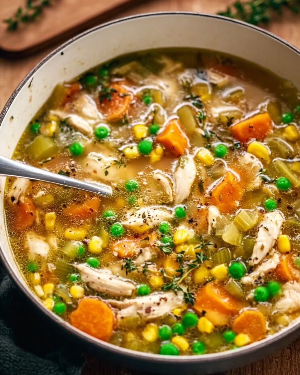 Bowl of Chicken Vegetable Soup filled with fresh vegetables and tender chicken.