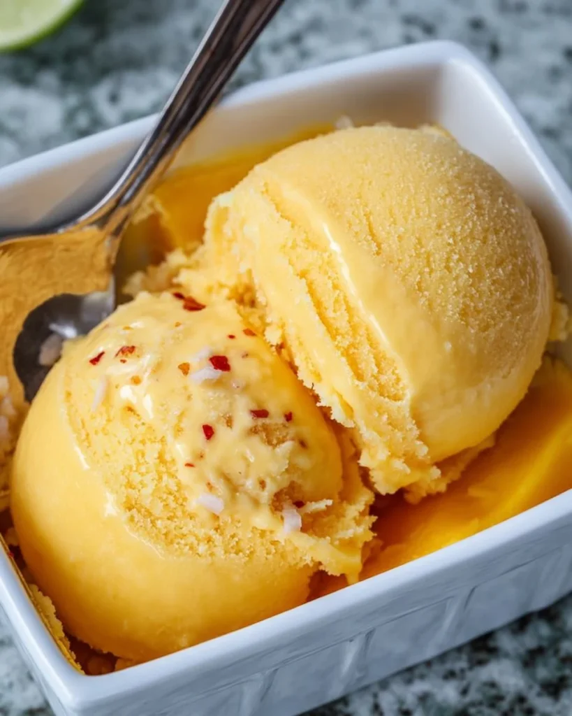Bowl of refreshing Chili Lime Mango Sorbet topped with lime zest and chili flakes