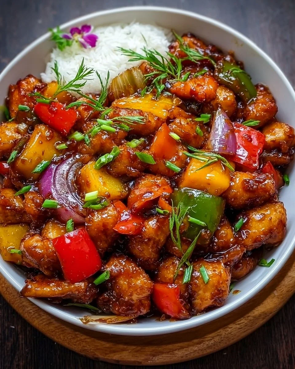 Chinese style mango chicken stir fry with colorful vegetables and juicy chicken pieces