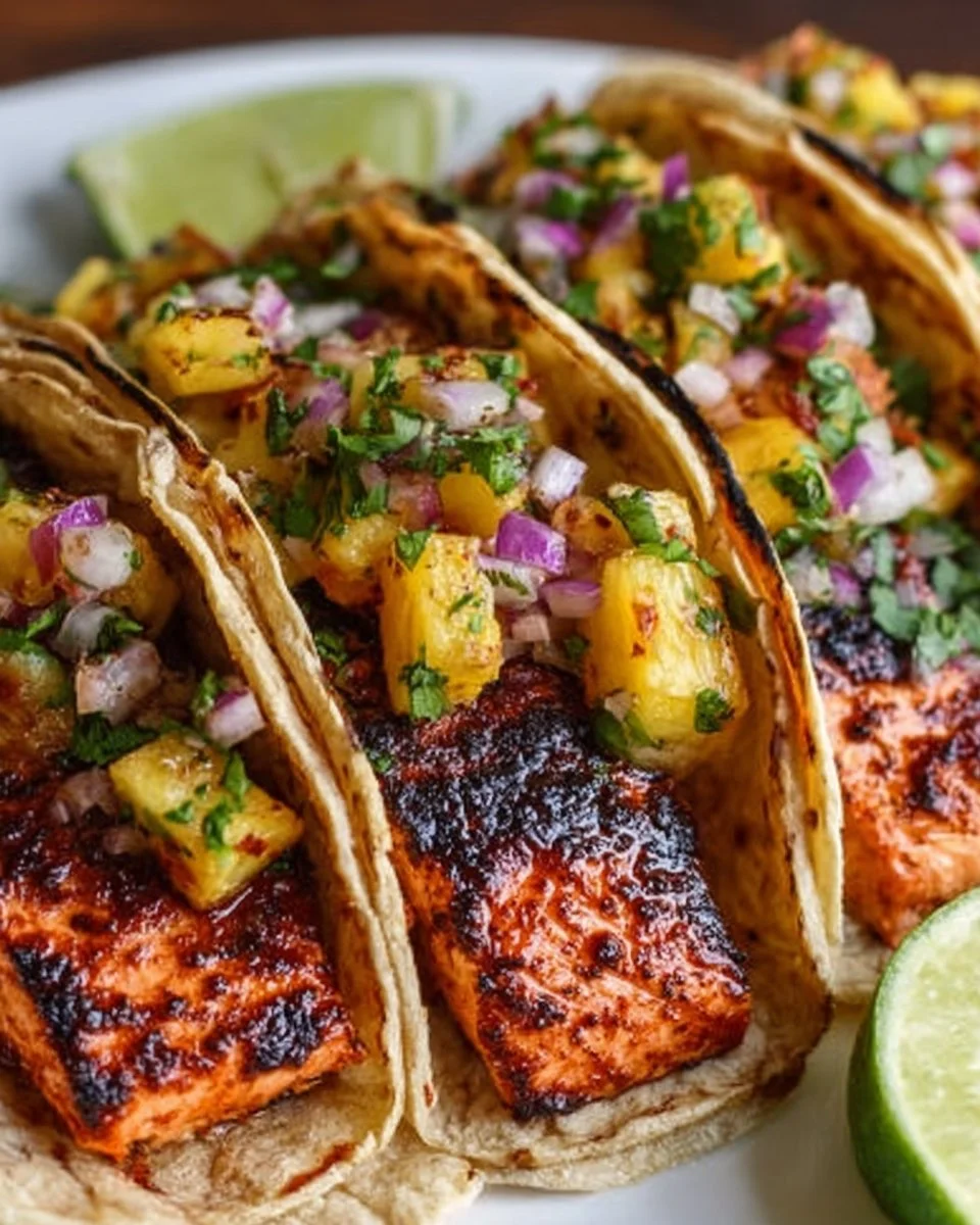 Delicious Chipotle Honey Salmon Tacos served with fresh ingredients
