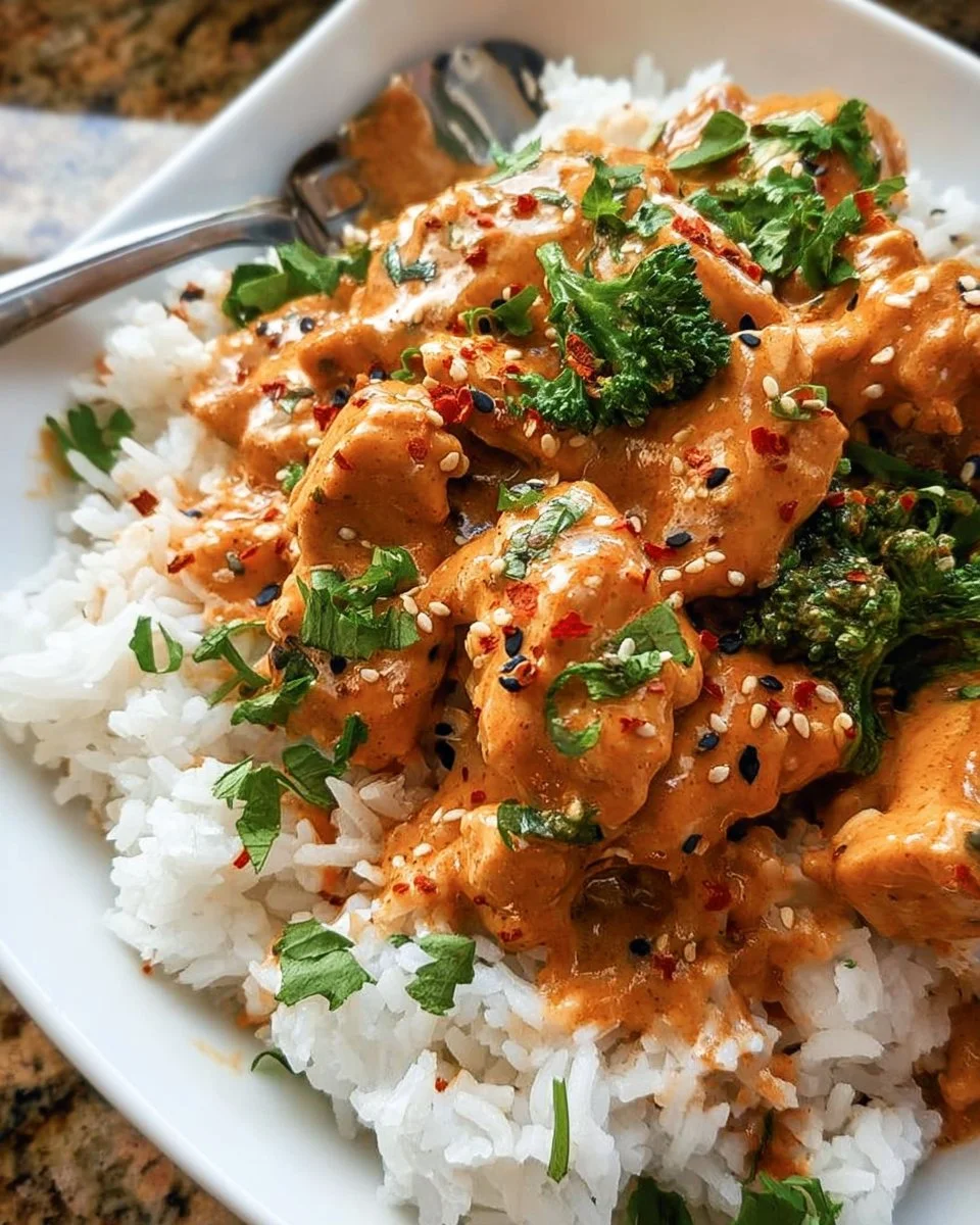 Delicious Coconut Chicken Rice Bowl garnished with fresh herbs and vegetables