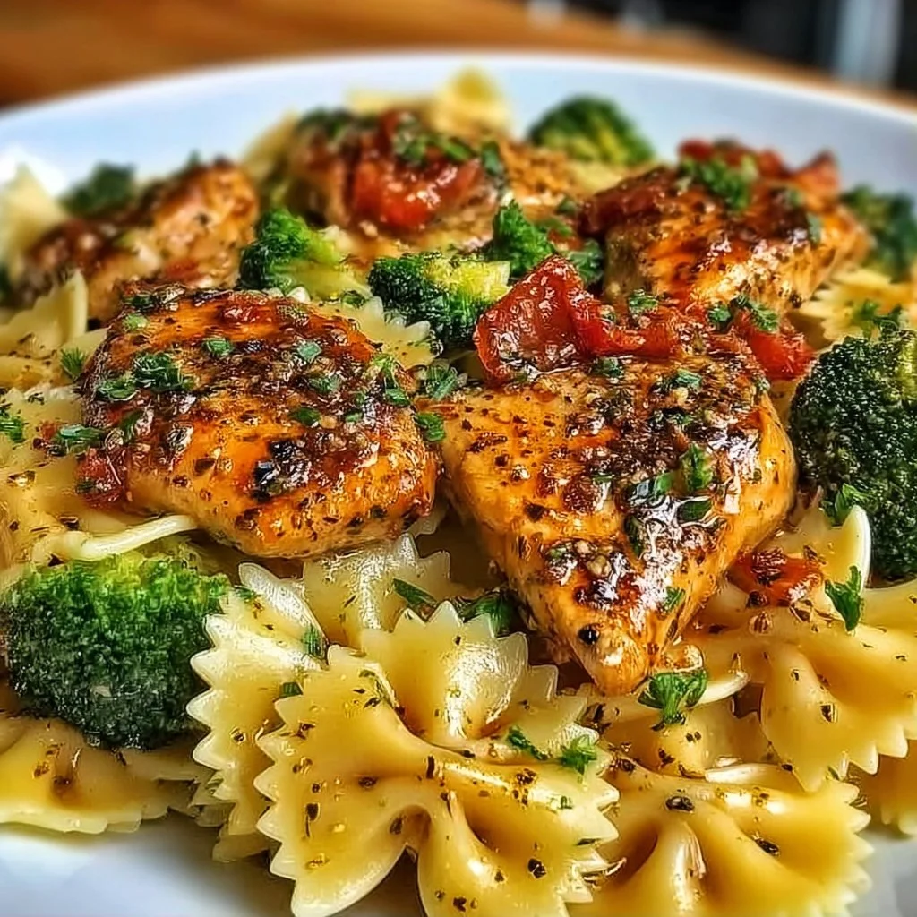 Cowboy Butter Lemon Bowtie Chicken served on a plate with herbs and lemon