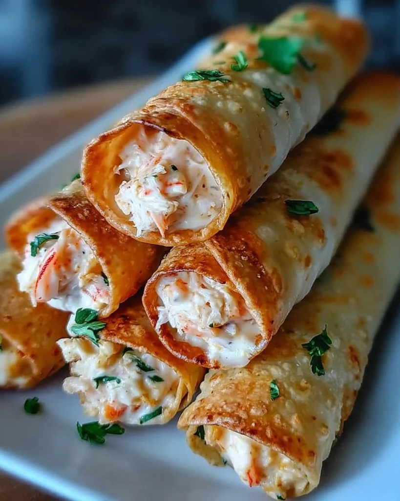 Crab and shrimp queso taquitos served on a plate garnished with fresh herbs.
