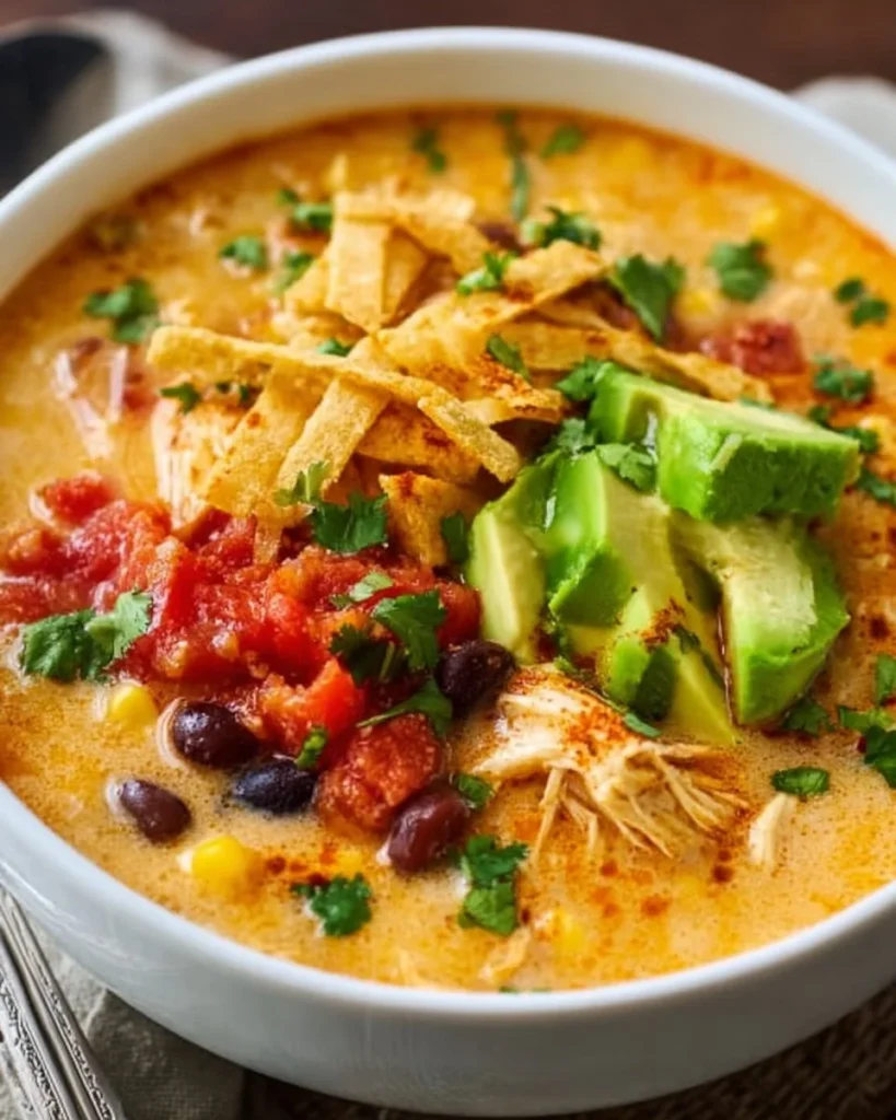 Bowl of creamy chicken tortilla soup topped with tortilla chips and cilantro