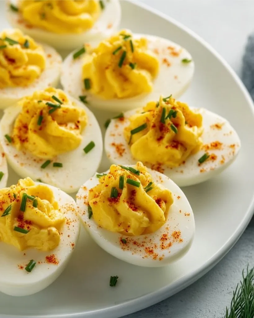 Creamy deviled eggs arranged on a platter with garnishes.