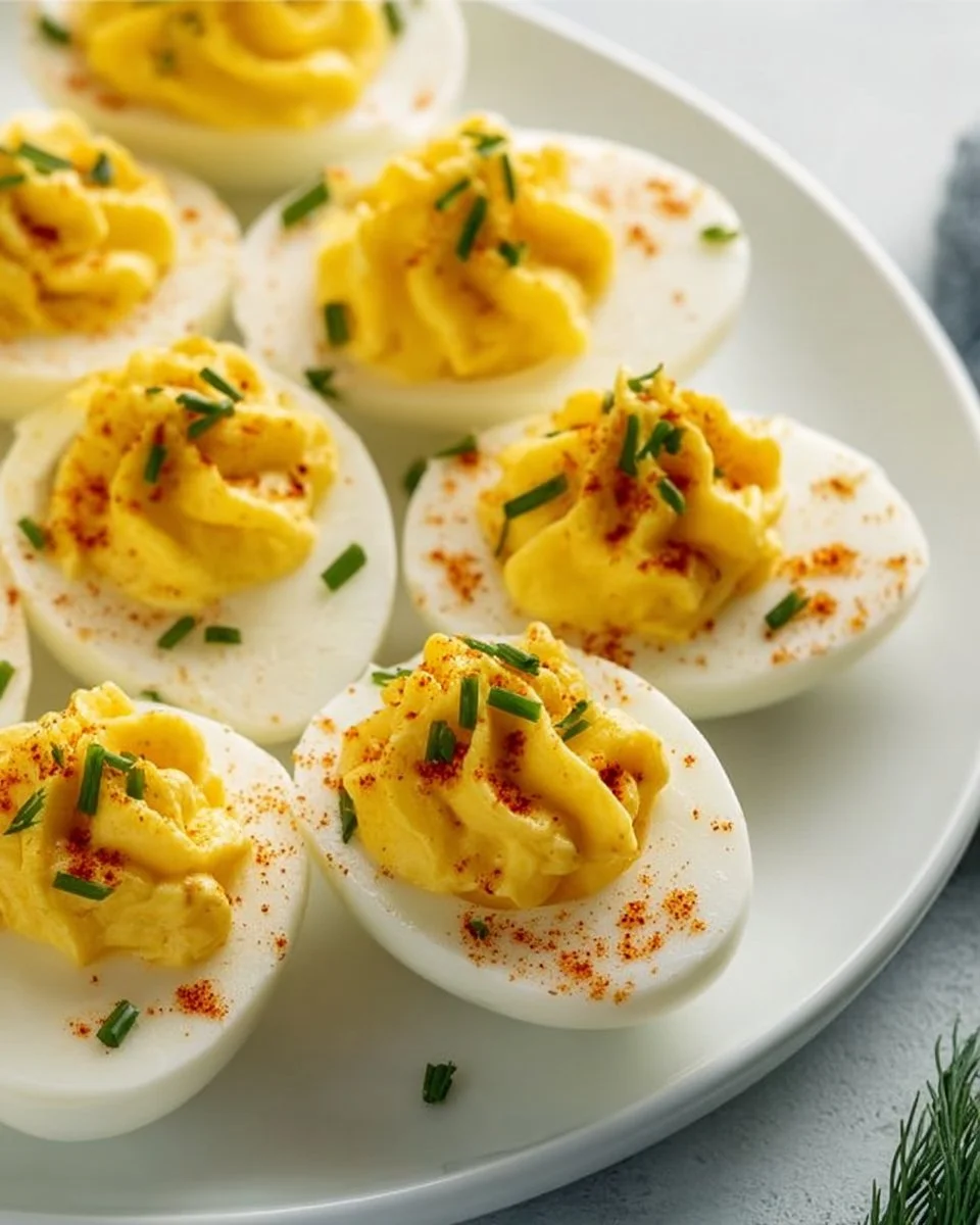 Creamy deviled eggs arranged on a platter with garnishes.