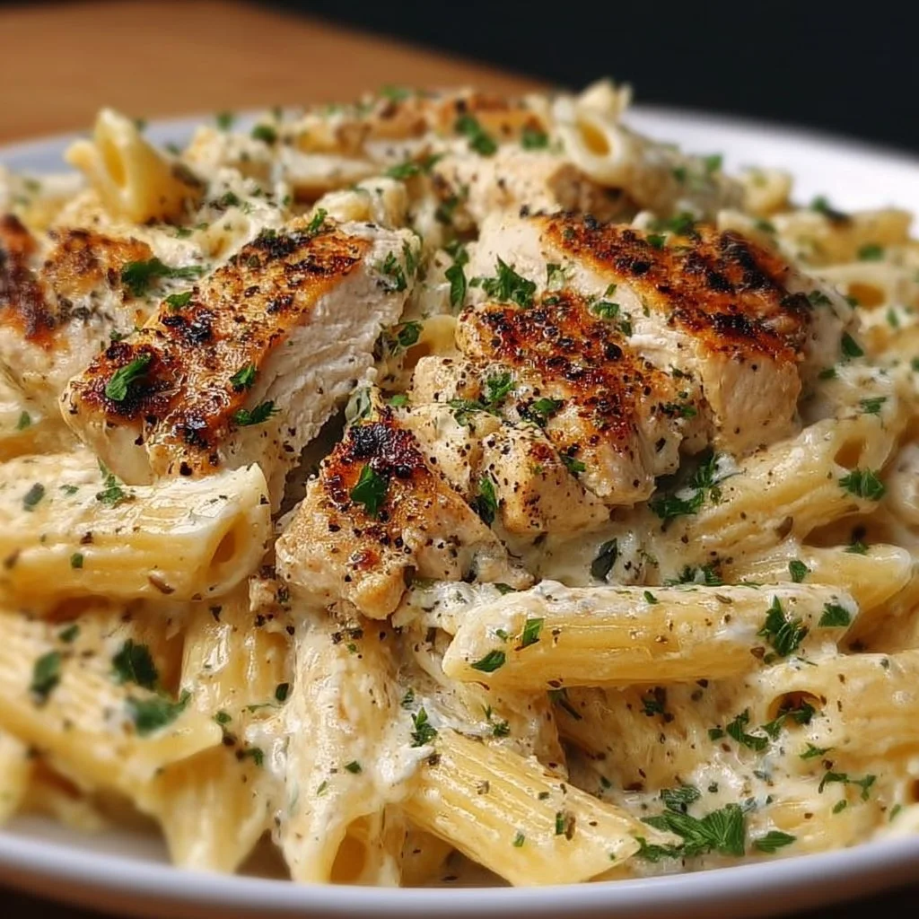Creamy ricotta chicken pasta served in a bowl with fresh herbs