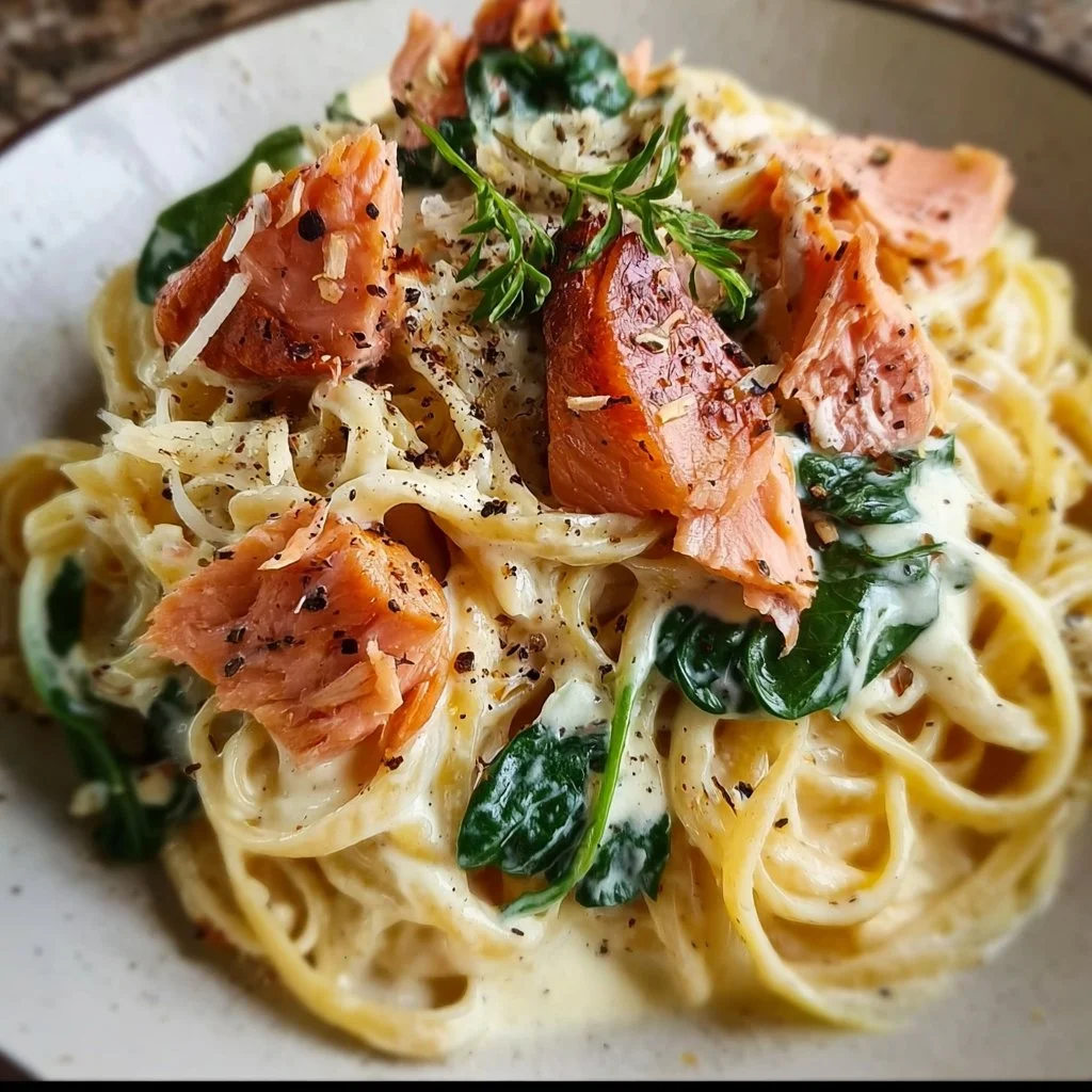 Creamy smoked salmon carbonara pasta dish served in a bowl.