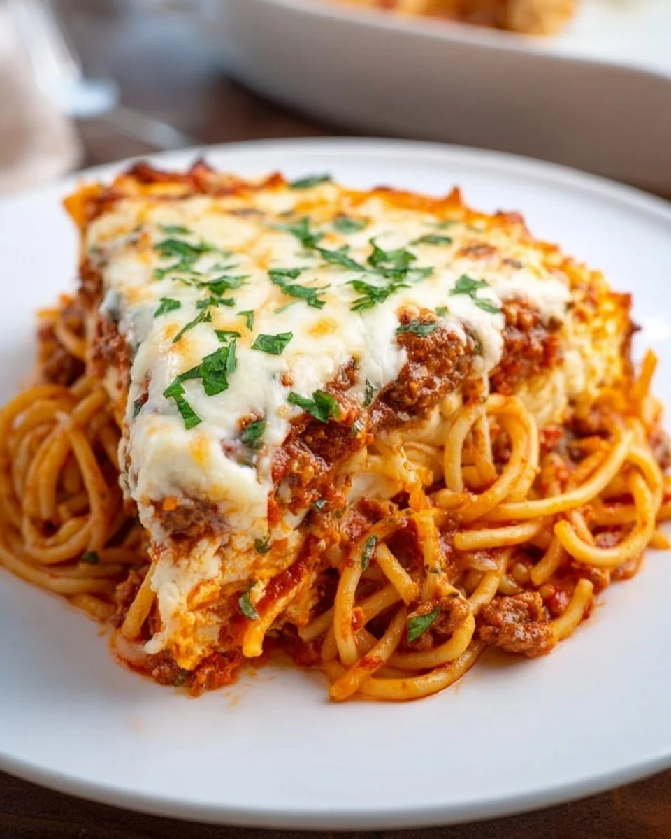 Delicious creamy spaghetti pie, a comforting dish perfect for family meals.