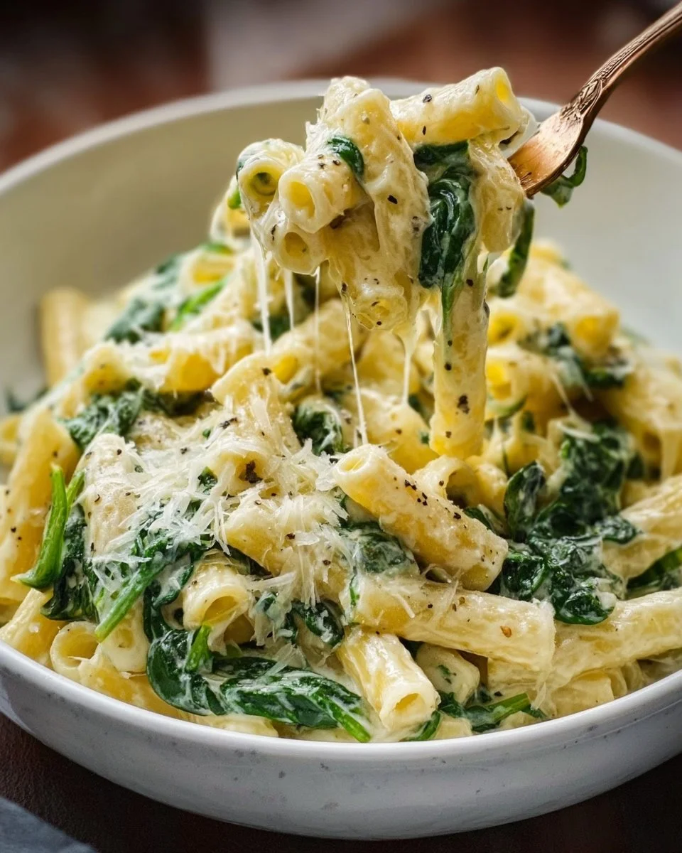 Creamy spinach pasta dish topped with parmesan and garnished with fresh herbs