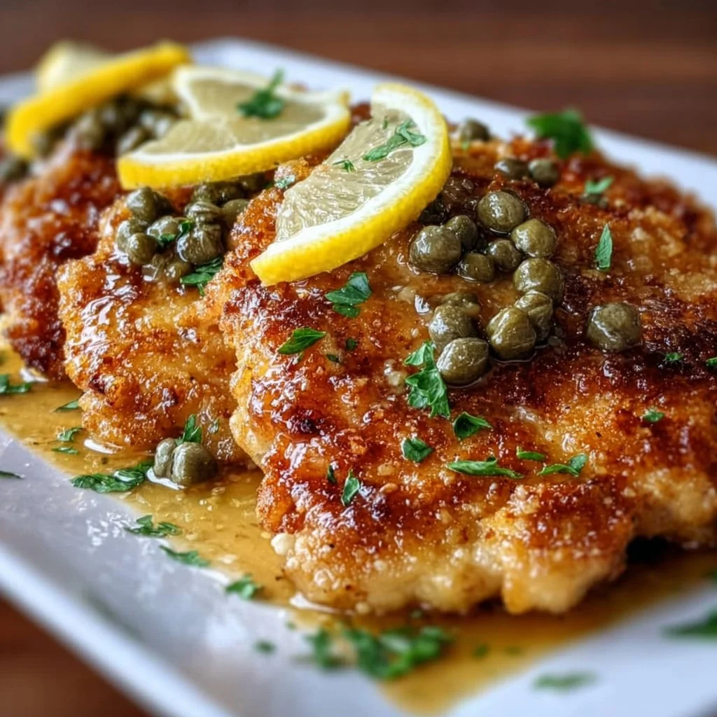 Delicious crispy chicken piccata served with lemon and capers